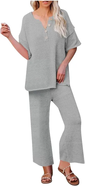 Womens 2 Piece Waffle Knit Lounge Sets Button Down Short Sleeve and Loose Long Pant Outfits Fashion Casual Loungewear