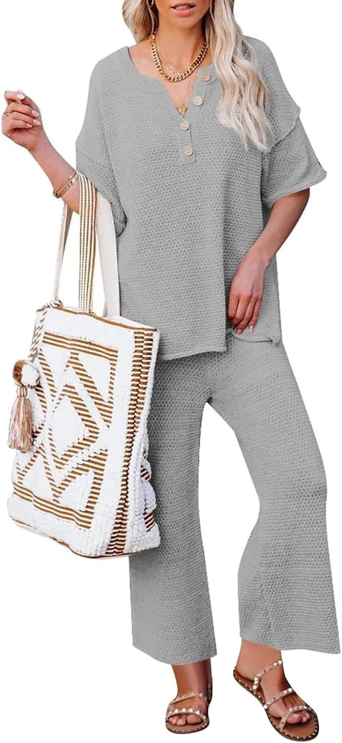 Womens 2 Piece Waffle Knit Lounge Sets Button Down Short Sleeve and Loose Long Pant Outfits Fashion Casual Loungewear