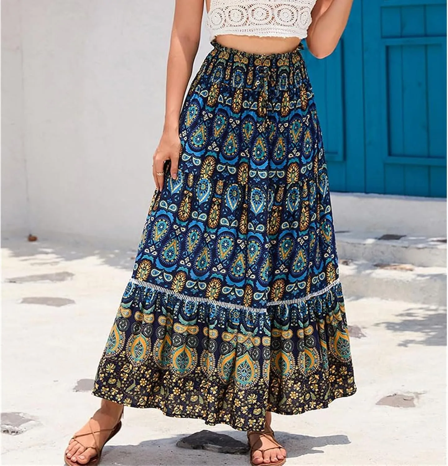 Womens 2025 Bohemian Long Skirts Elastic High Waist Pleated A Line Maxi Skirt Summer Pleated Mini Skirts