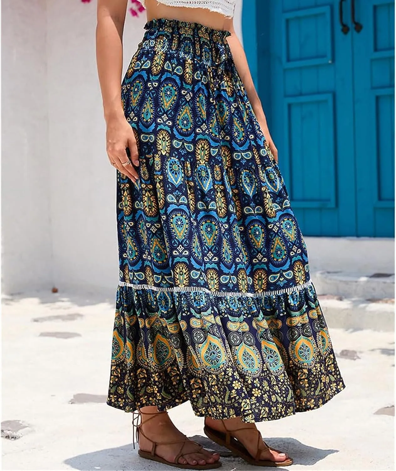 Womens 2025 Bohemian Long Skirts Elastic High Waist Pleated A Line Maxi Skirt Summer Pleated Mini Skirts