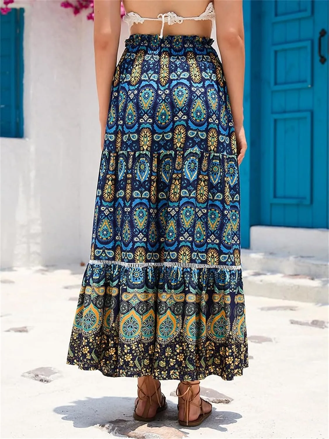 Womens 2025 Bohemian Long Skirts Elastic High Waist Pleated A Line Maxi Skirt Summer Pleated Mini Skirts