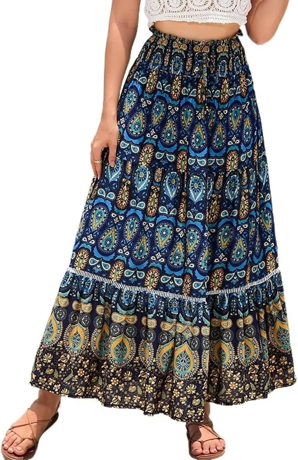 Womens 2025 Bohemian Long Skirts Elastic High Waist Pleated A Line Maxi Skirt Summer Pleated Mini Skirts