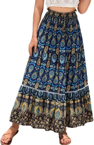 Womens 2025 Bohemian Long Skirts Elastic High Waist Pleated A Line Maxi Skirt Summer Pleated Mini Skirts