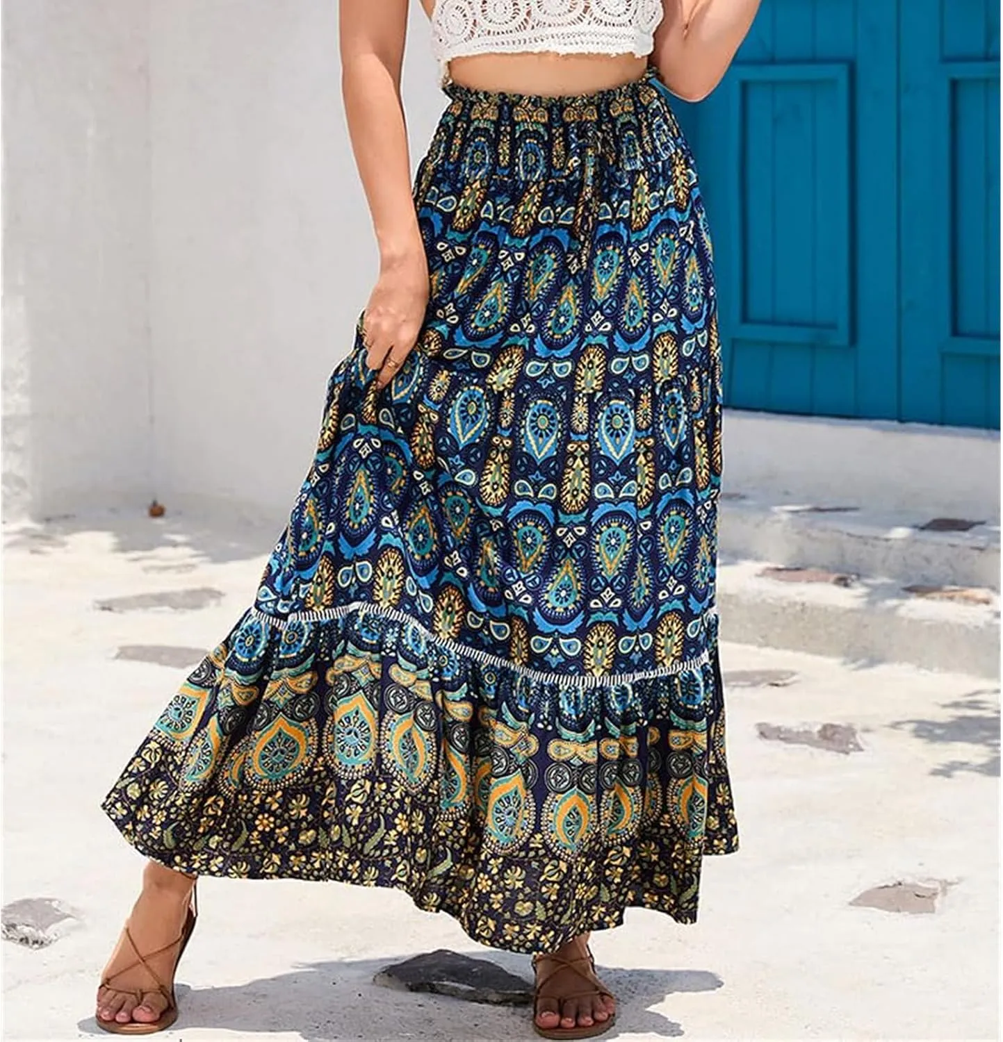Womens 2025 Bohemian Long Skirts Elastic High Waist Pleated A Line Maxi Skirt Summer Pleated Mini Skirts