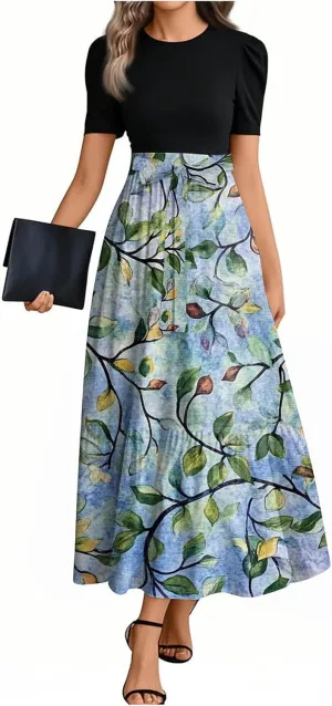 Women's 2025 Summer Maxi Dress - Belt Short Sleeve Vintage Floral Patchwork Empire Waist Ruffle Flowy Long Dresses