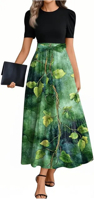 Women's 2025 Summer Maxi Dress - Belt Short Sleeve Vintage Floral Patchwork Empire Waist Ruffle Flowy Long Dresses
