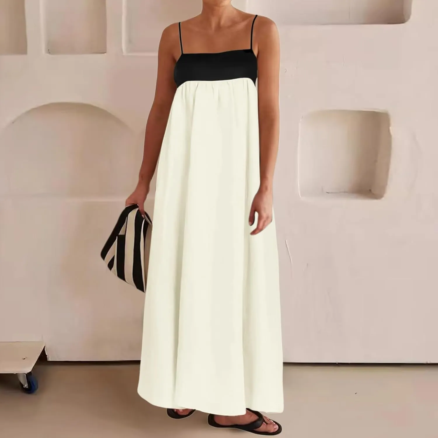Women's 2025 Summer Maxi Dress, Contrast Spaghetti Strap Dress Backless Cutout Sleeveless Casual Party Beach Dresses Sundress