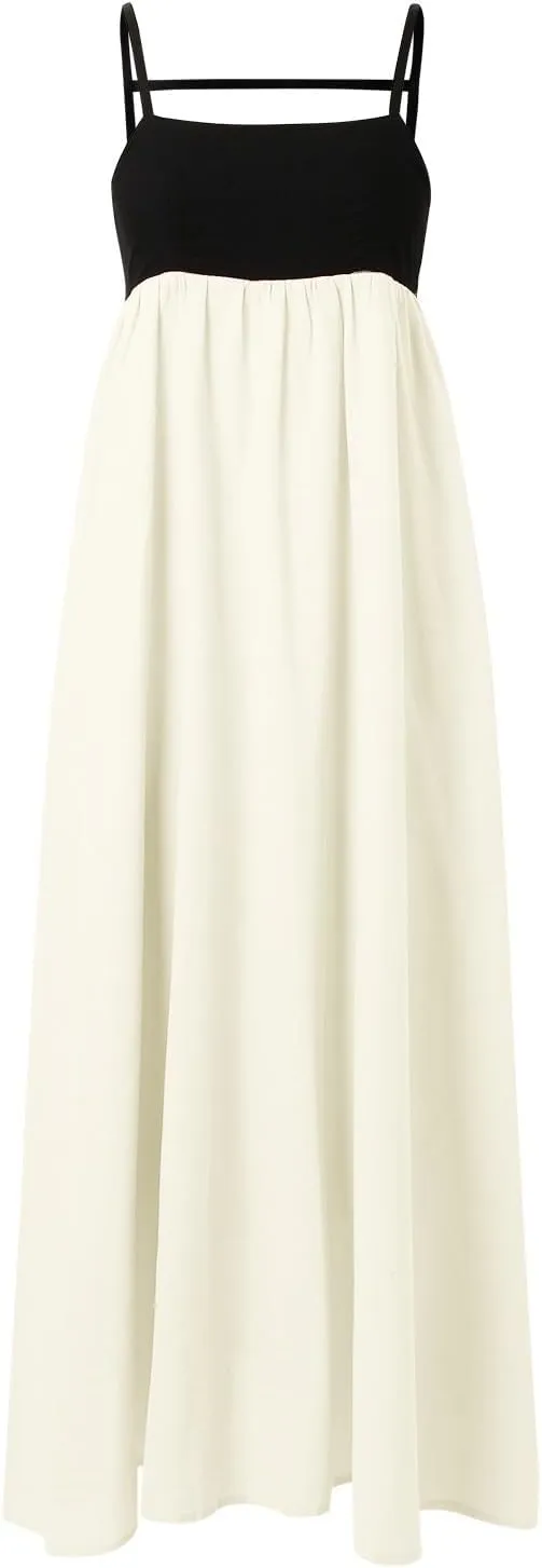Women's 2025 Summer Maxi Dress, Contrast Spaghetti Strap Dress Backless Cutout Sleeveless Casual Party Beach Dresses Sundress