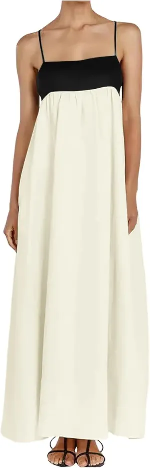 Women's 2025 Summer Maxi Dress, Contrast Spaghetti Strap Dress Backless Cutout Sleeveless Casual Party Beach Dresses Sundress