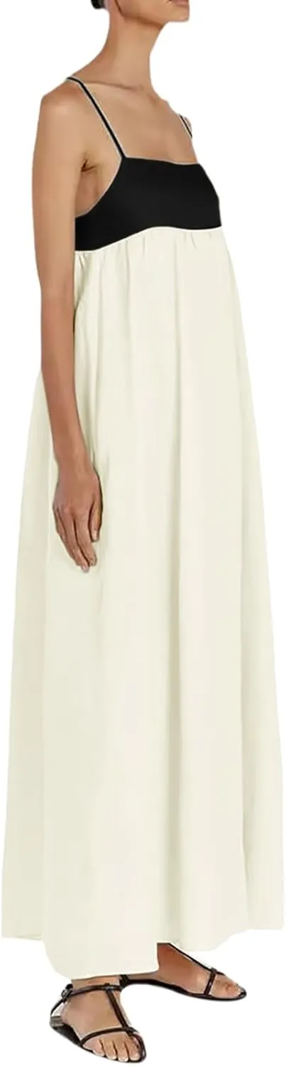 Women's 2025 Summer Maxi Dress, Contrast Spaghetti Strap Dress Backless Cutout Sleeveless Casual Party Beach Dresses Sundress