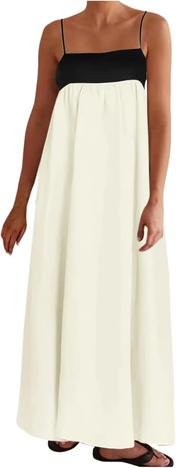 Women's 2025 Summer Maxi Dress, Contrast Spaghetti Strap Dress Backless Cutout Sleeveless Casual Party Beach Dresses Sundress