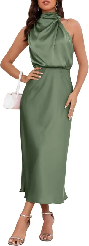 Women's 2025 Summer Satin Dress Elegant Formal Sleeveless Mock Neck Wedding Guest Cocktail Party Maxi Dresses
