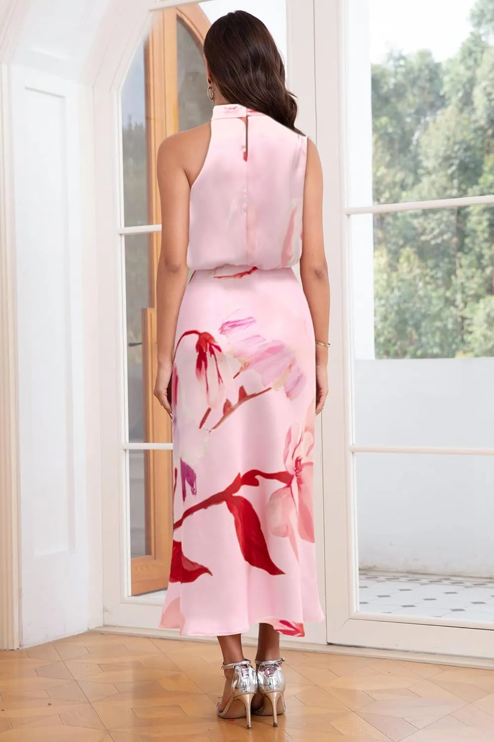 Women's 2025 Summer Satin Dress Elegant Formal Sleeveless Mock Neck Wedding Guest Cocktail Party Maxi Dresses