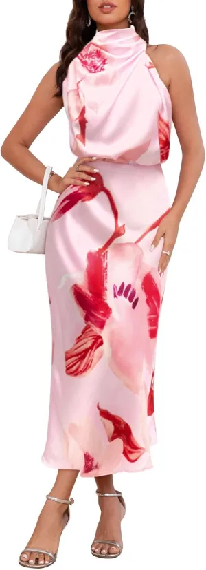 Women's 2025 Summer Satin Dress Elegant Formal Sleeveless Mock Neck Wedding Guest Cocktail Party Maxi Dresses
