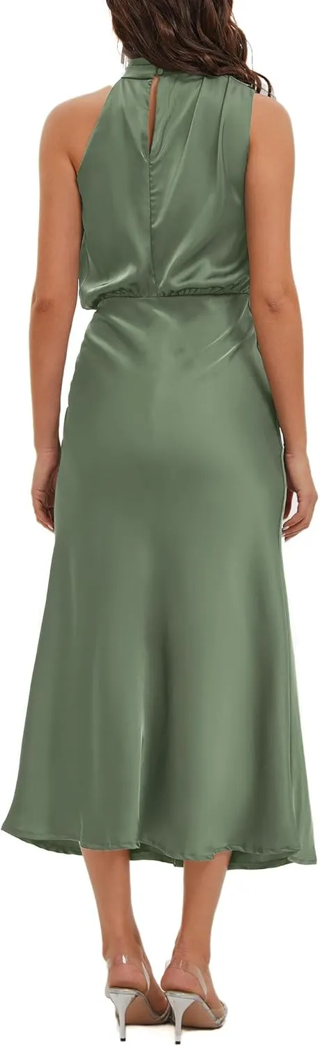 Women's 2025 Summer Satin Dress Elegant Formal Sleeveless Mock Neck Wedding Guest Cocktail Party Maxi Dresses