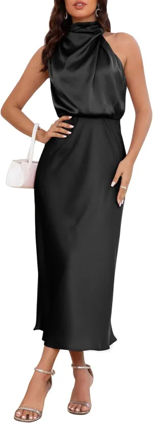 Women's 2025 Summer Satin Dress Elegant Formal Sleeveless Mock Neck Wedding Guest Cocktail Party Maxi Dresses
