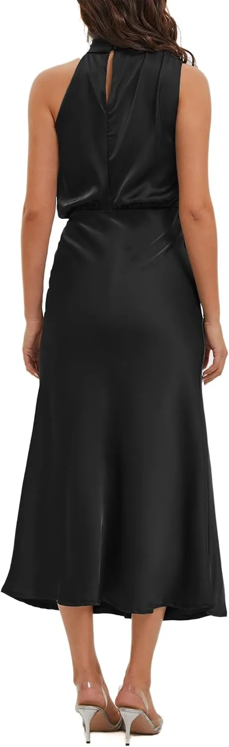 Women's 2025 Summer Satin Dress Elegant Formal Sleeveless Mock Neck Wedding Guest Cocktail Party Maxi Dresses