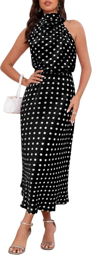 Women's 2025 Summer Satin Dress Elegant Formal Sleeveless Mock Neck Wedding Guest Cocktail Party Maxi Dresses