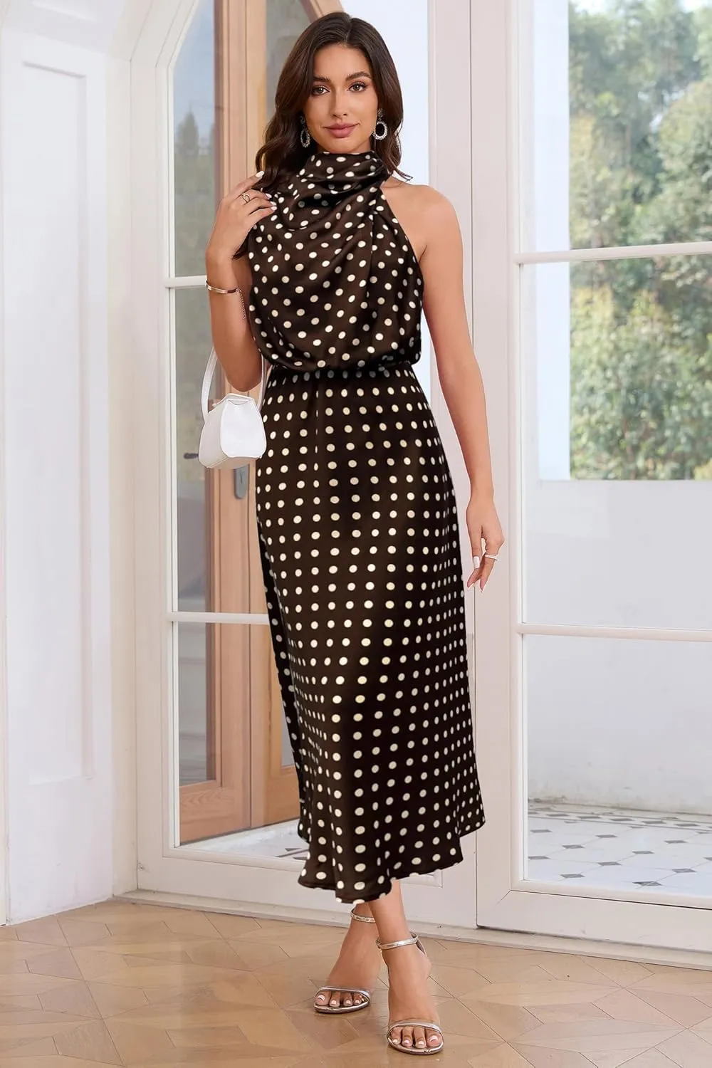 Women's 2025 Summer Satin Dress Elegant Formal Sleeveless Mock Neck Wedding Guest Cocktail Party Maxi Dresses