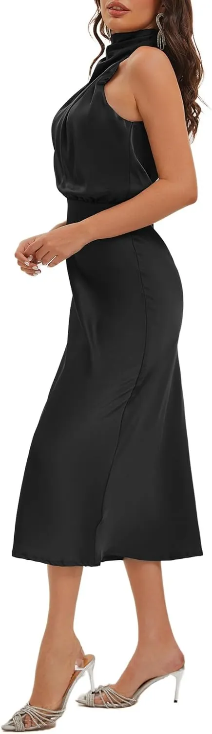 Women's 2025 Summer Satin Dress Elegant Formal Sleeveless Mock Neck Wedding Guest Cocktail Party Maxi Dresses