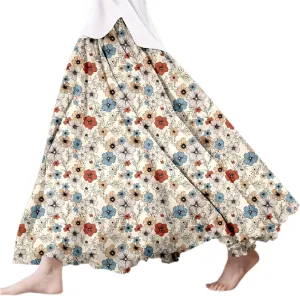 Women's 2025 Summer Skirts Bohemian Floral Printed Elastic Waist A Line Maxi Skirt Linen Boho Pleated Flowy Long Skorts