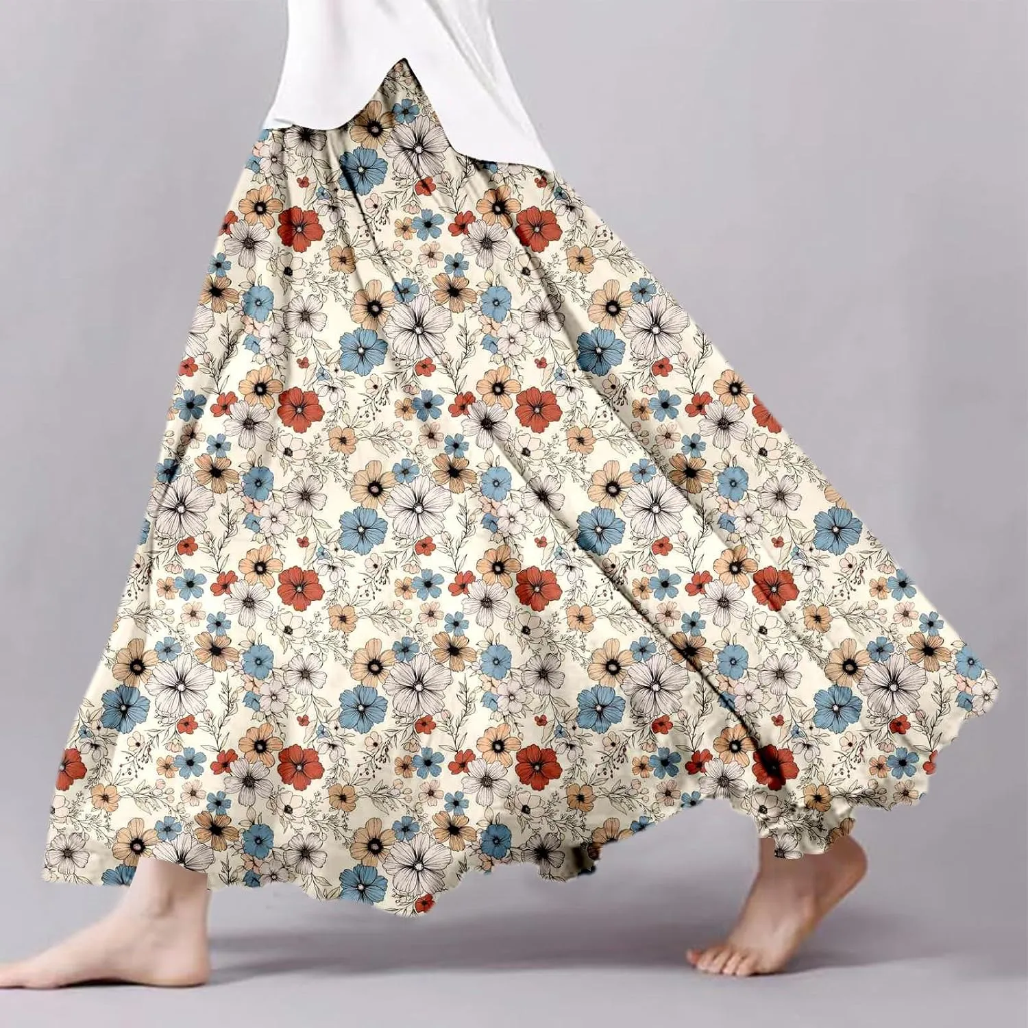 Women's 2025 Summer Skirts Bohemian Floral Printed Elastic Waist A Line Maxi Skirt Linen Boho Pleated Flowy Long Skorts