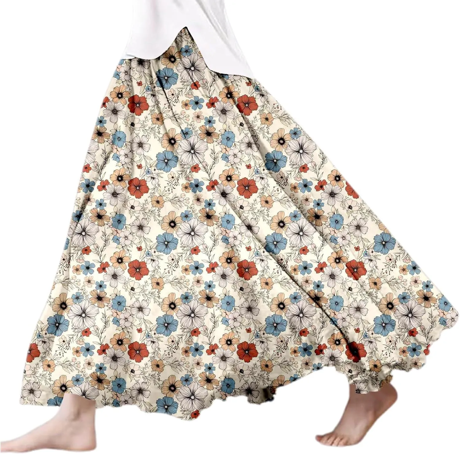 Women's 2025 Summer Skirts Bohemian Floral Printed Elastic Waist A Line Maxi Skirt Linen Boho Pleated Flowy Long Skorts