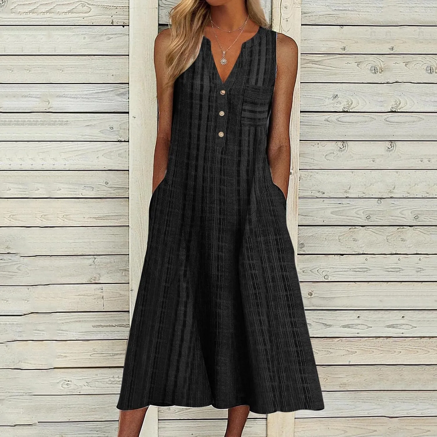 Women's 2025 Sundresses Casual Summer Tank Dress V Neck Sleeveless Button Down Midi Floral Beach Dress with Pockets