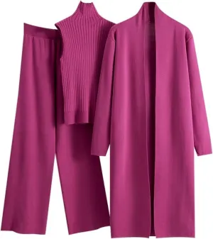 Women's 3-Piece Knit Loungewear Set, Turtleneck Sweater, Long Cardigan, Wide Leg Pants, Gray (Red Rose)