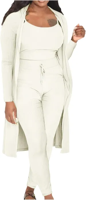 Women's 3 Piece Matching Set Ribbed Lounge Sets Tank Cardigan and Drawstring Pants Loungewear Outfits with Pockets