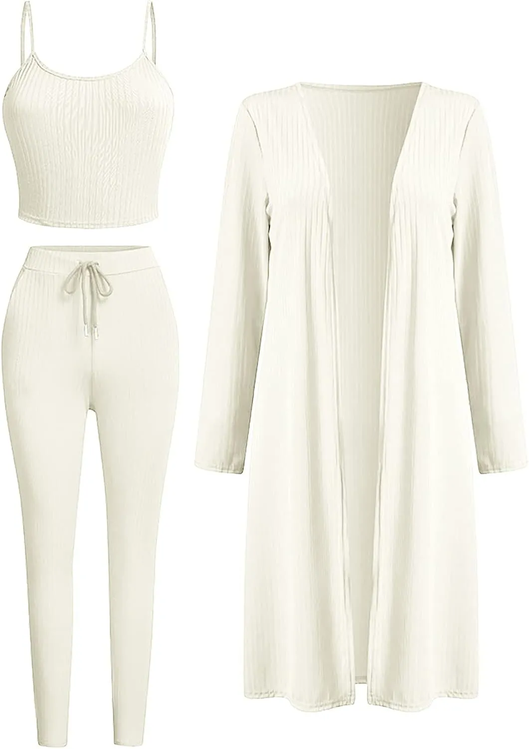 Women's 3 Piece Matching Set Ribbed Lounge Sets Tank Cardigan and Drawstring Pants Loungewear Outfits with Pockets