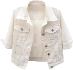 Women's 3/4 Sleeve Cropped Denim Jacket Trendy Lightweight Denim Outfit Coat Wash Button Crop Trucker Jean Jackets