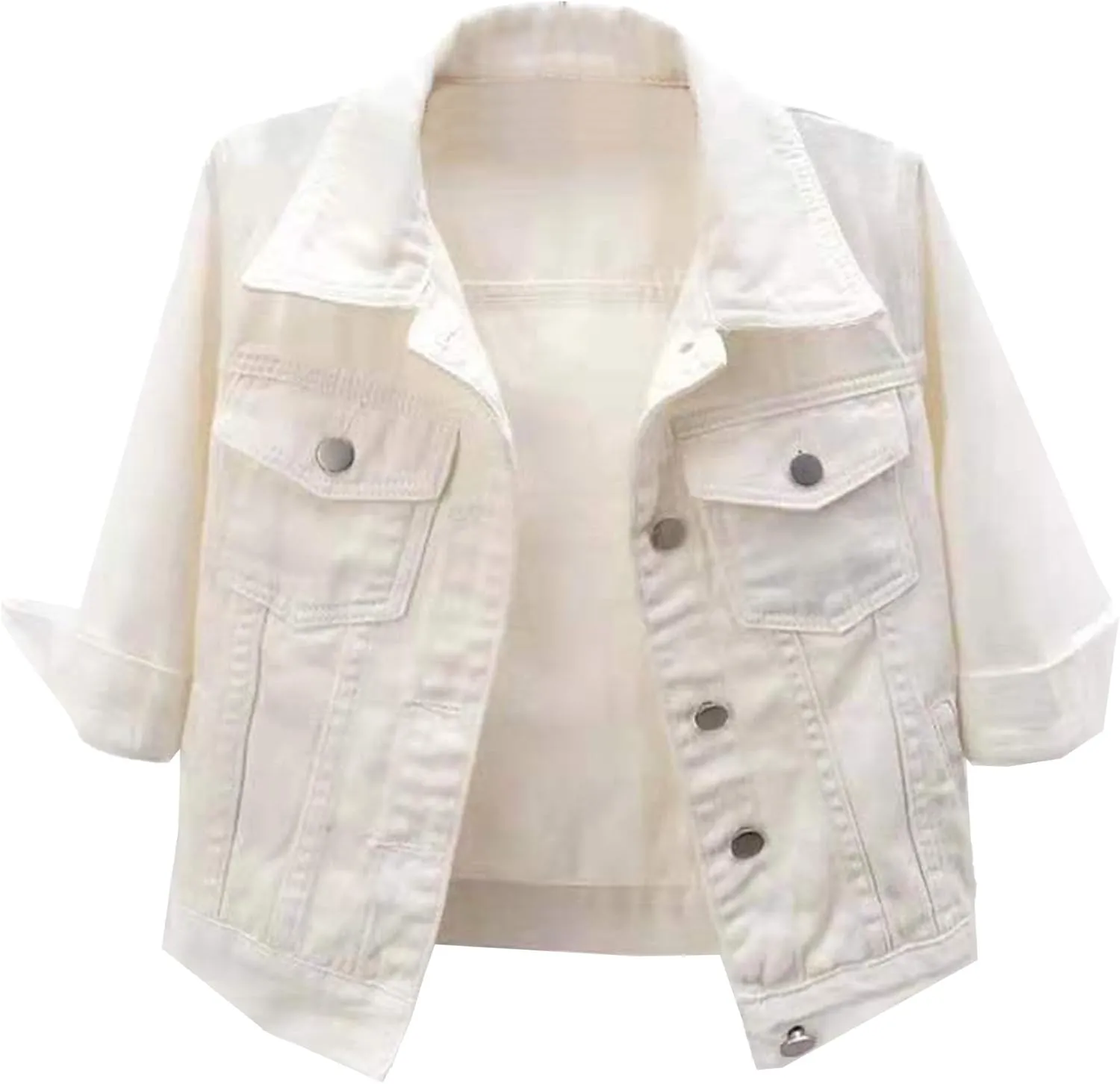 Women's 3/4 Sleeve Cropped Denim Jacket Trendy Lightweight Denim Outfit Coat Wash Button Crop Trucker Jean Jackets