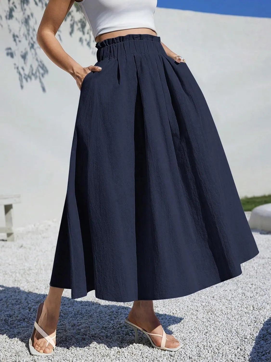 Women's Basic Casual A-Line Women Midi Long Skirt For Summer Fits Beach High Waist Casual Skirts