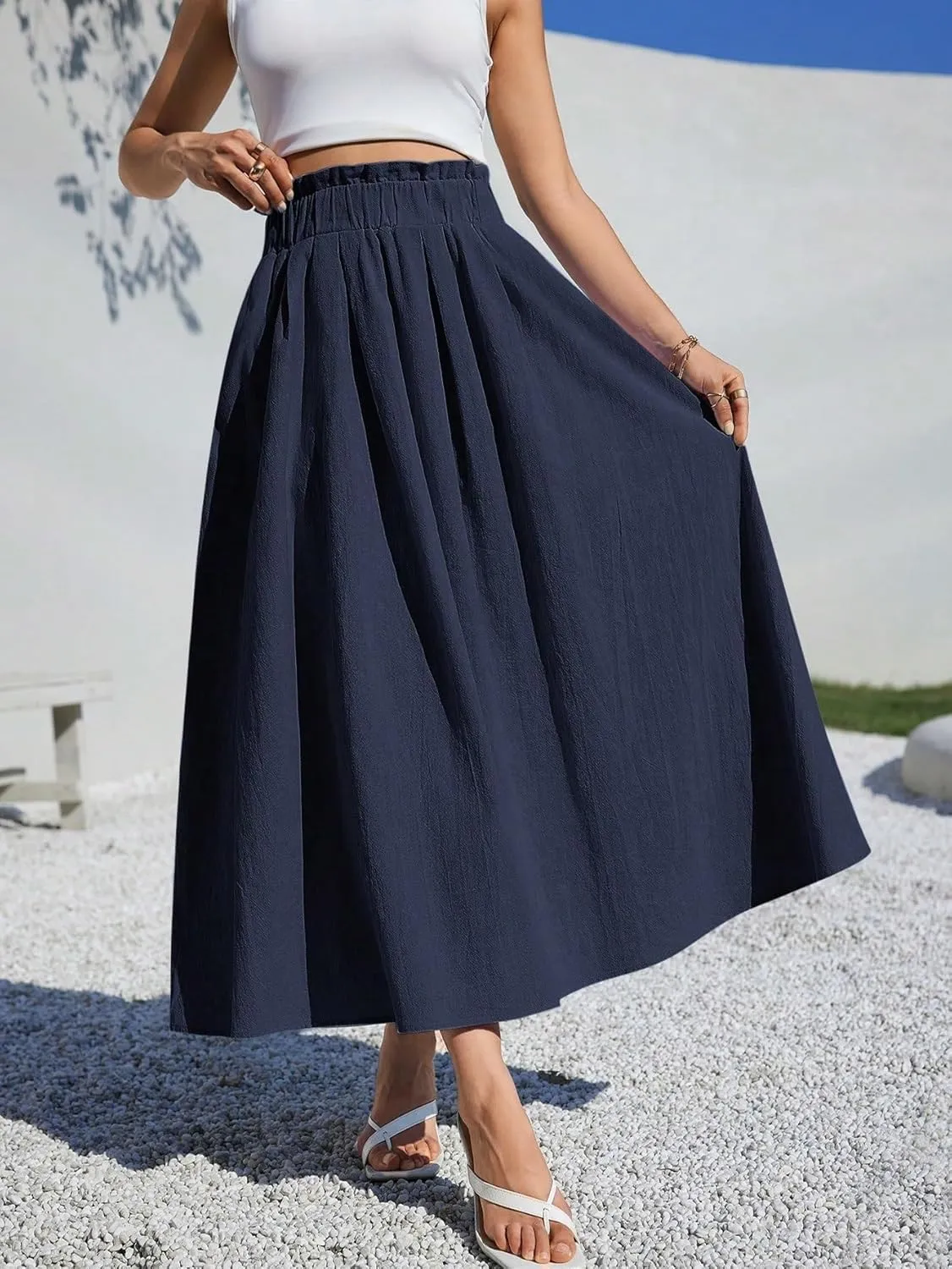 Women's Basic Casual A-Line Women Midi Long Skirt For Summer Fits Beach High Waist Casual Skirts