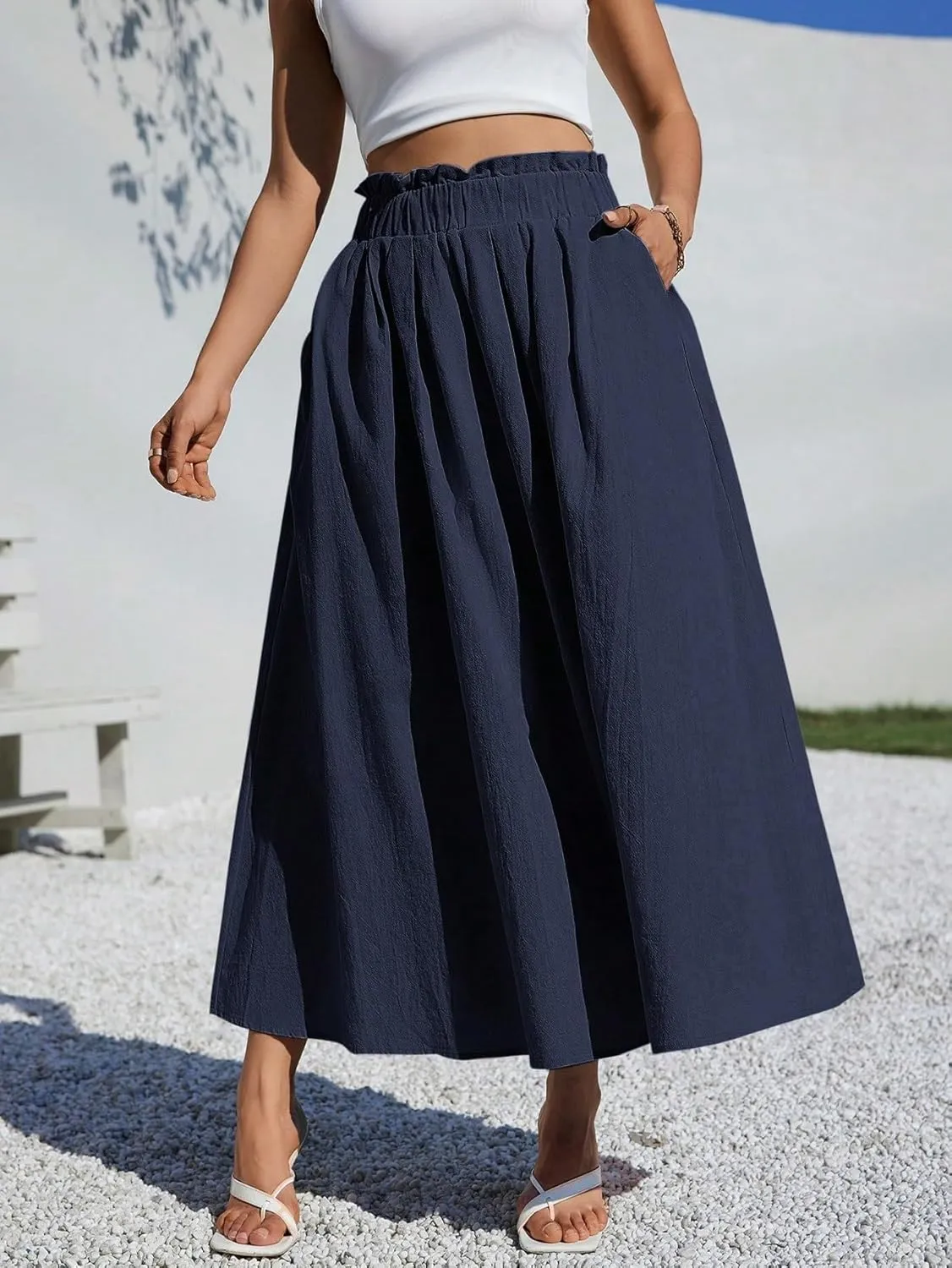 Women's Basic Casual A-Line Women Midi Long Skirt For Summer Fits Beach High Waist Casual Skirts