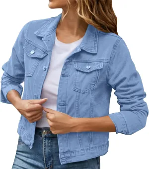 Women's Basic Cropped Denim Jackets Petite Denim Jean Jacket Distressed Ripped Classic Fitted Trucker Denim Jacket