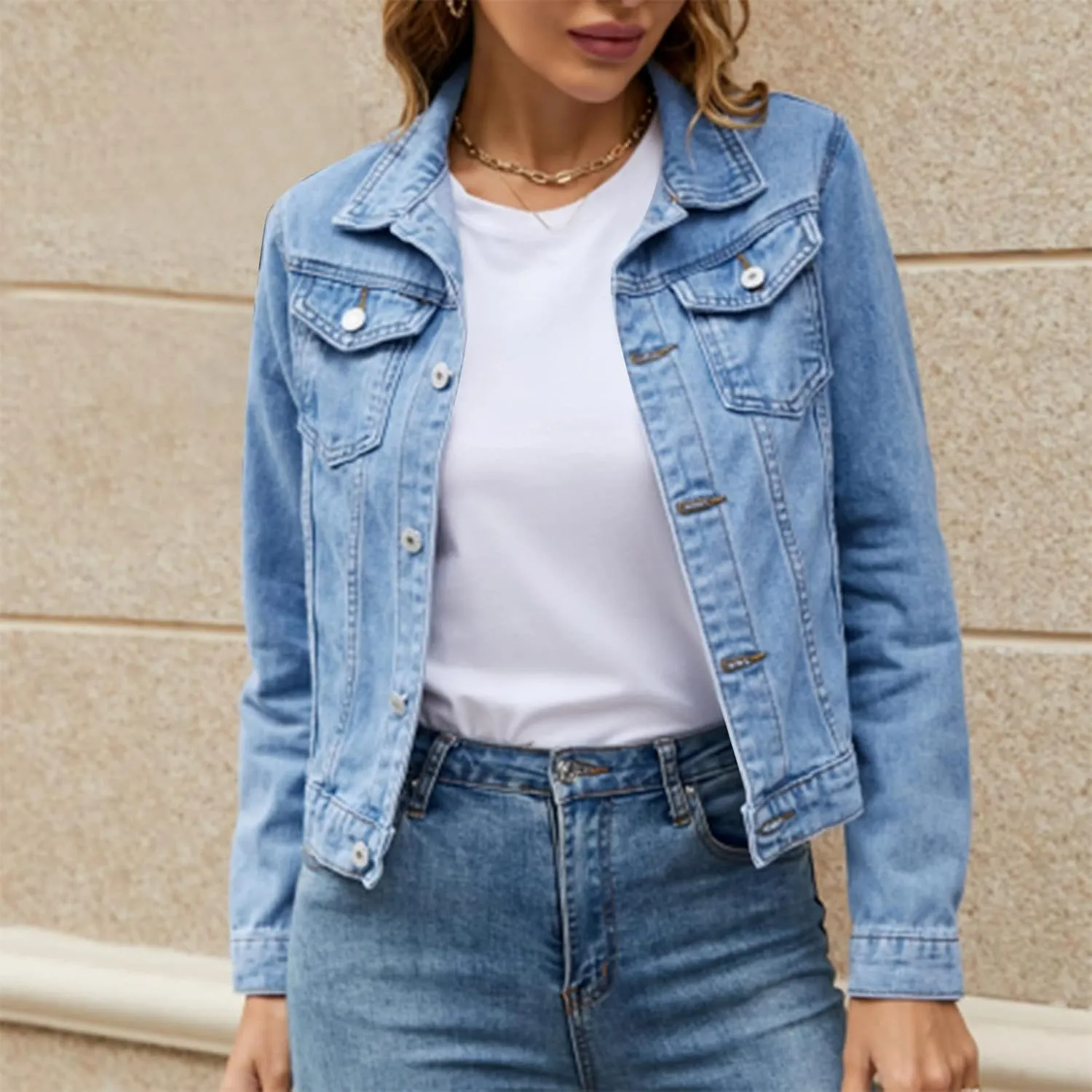 Women's Basic Cropped Denim Jackets Petite Denim Jean Jacket Distressed Ripped Classic Fitted Trucker Denim Jacket