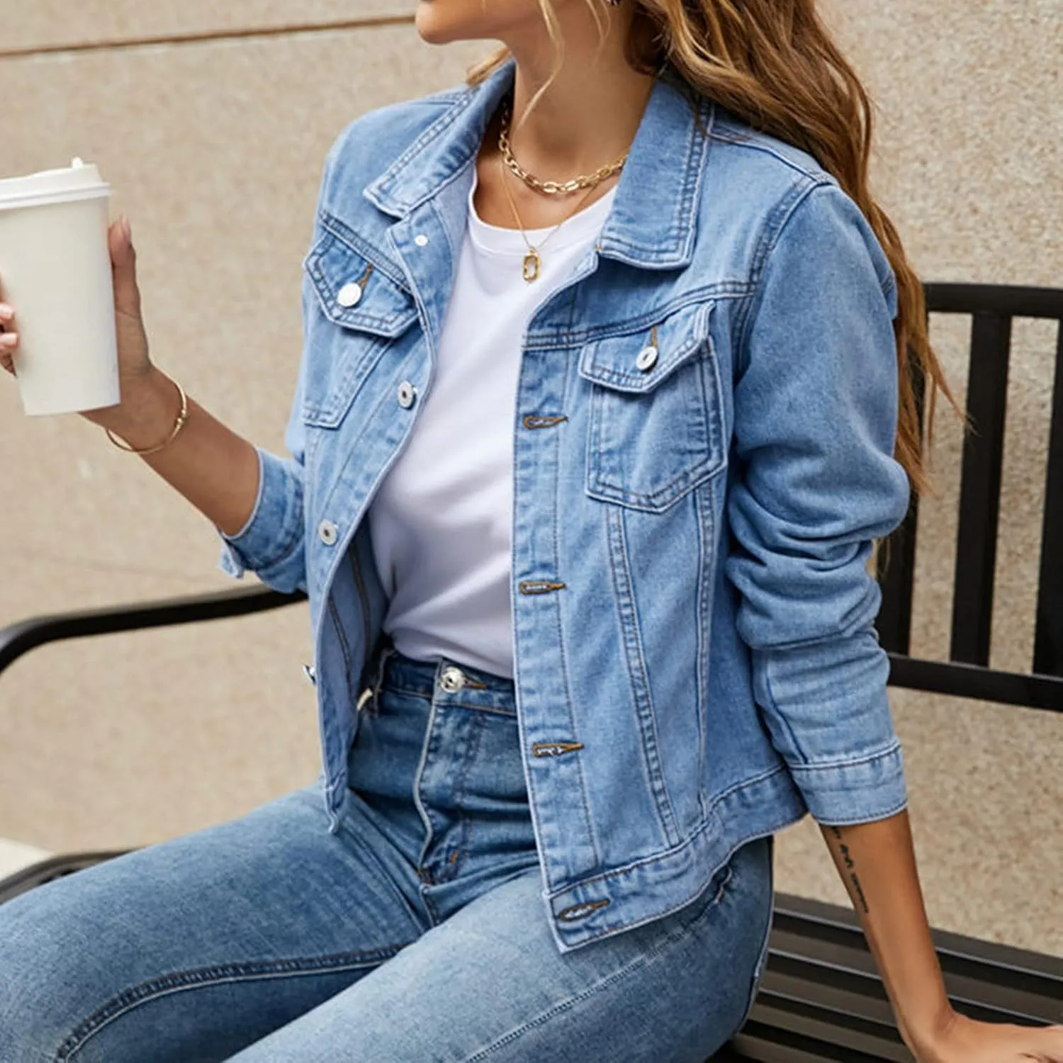 Women's Basic Cropped Denim Jackets Petite Denim Jean Jacket Distressed Ripped Classic Fitted Trucker Denim Jacket