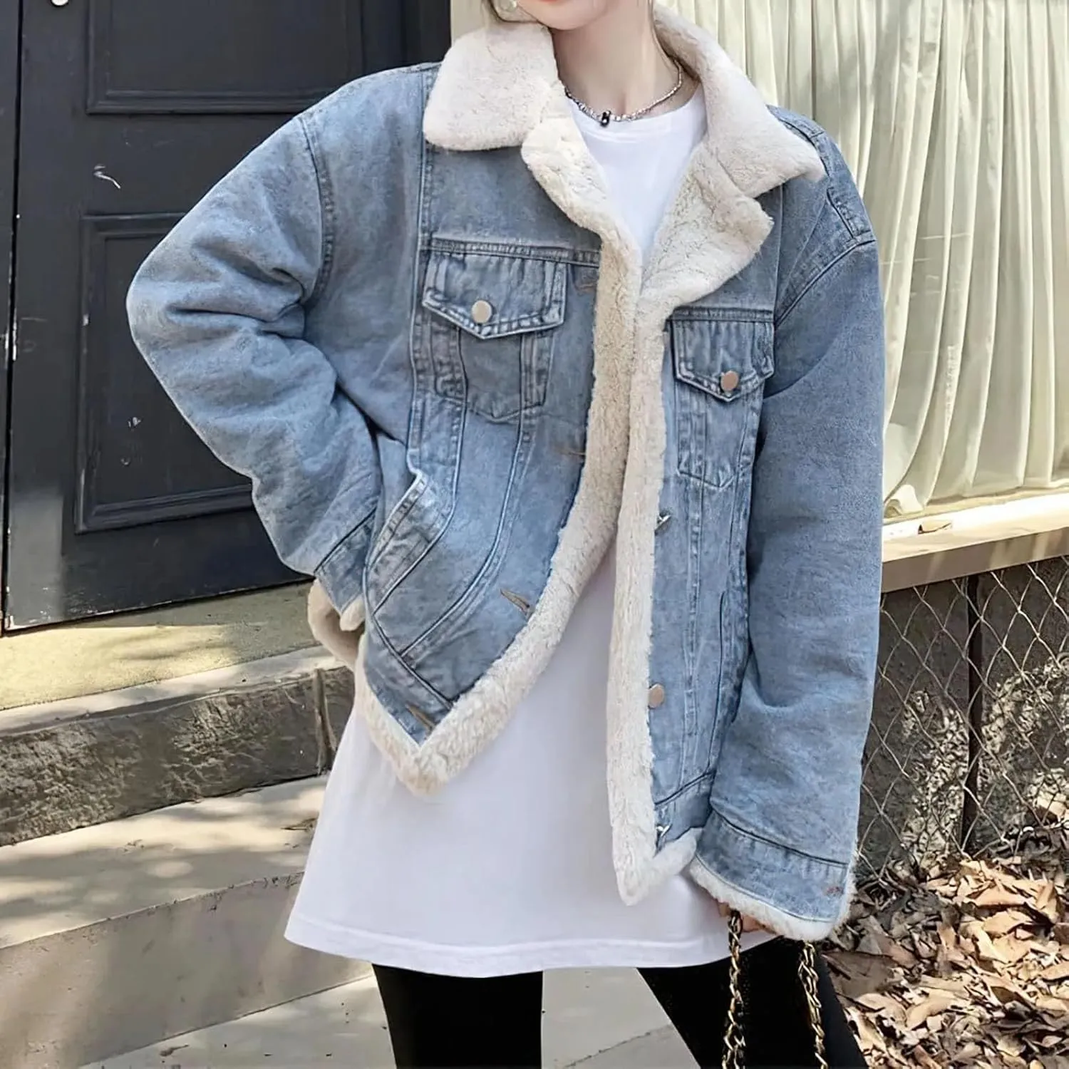 Women's Biker Denim Jacket For Women Plus fleece Thick Trucker Jacket Casual Warm Denim Coat