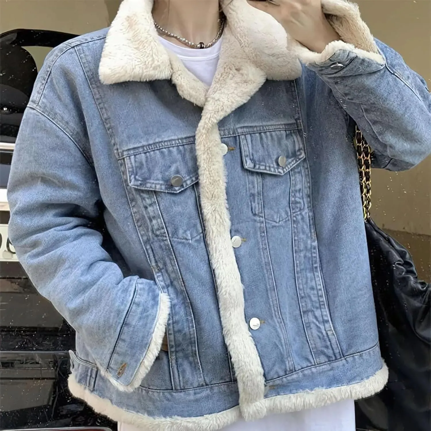 Women's Biker Denim Jacket For Women Plus fleece Thick Trucker Jacket Casual Warm Denim Coat