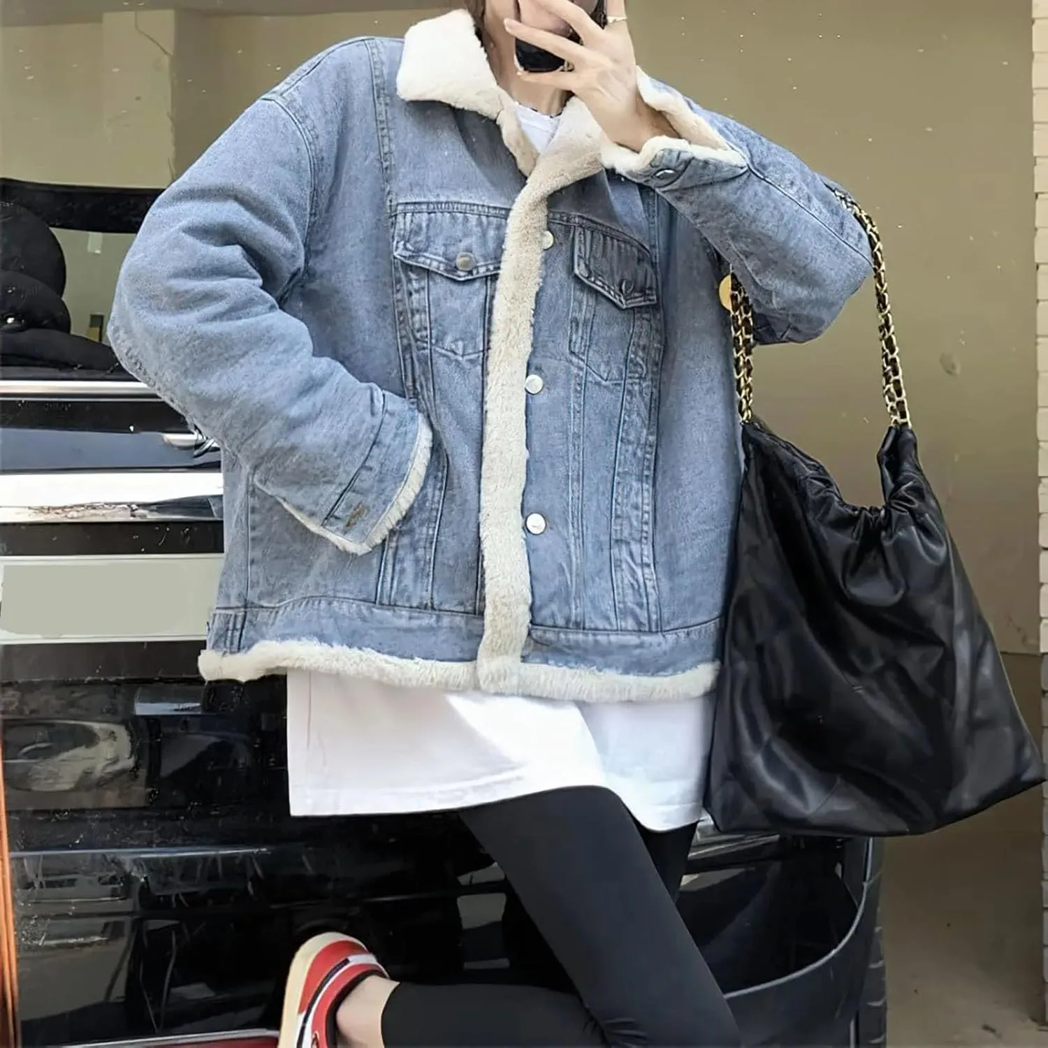 Women's Biker Denim Jacket For Women Plus fleece Thick Trucker Jacket Casual Warm Denim Coat