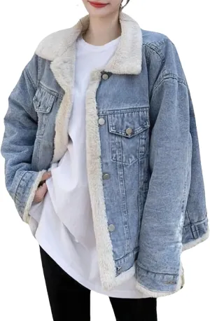 Women's Biker Denim Jacket For Women Plus fleece Thick Trucker Jacket Casual Warm Denim Coat