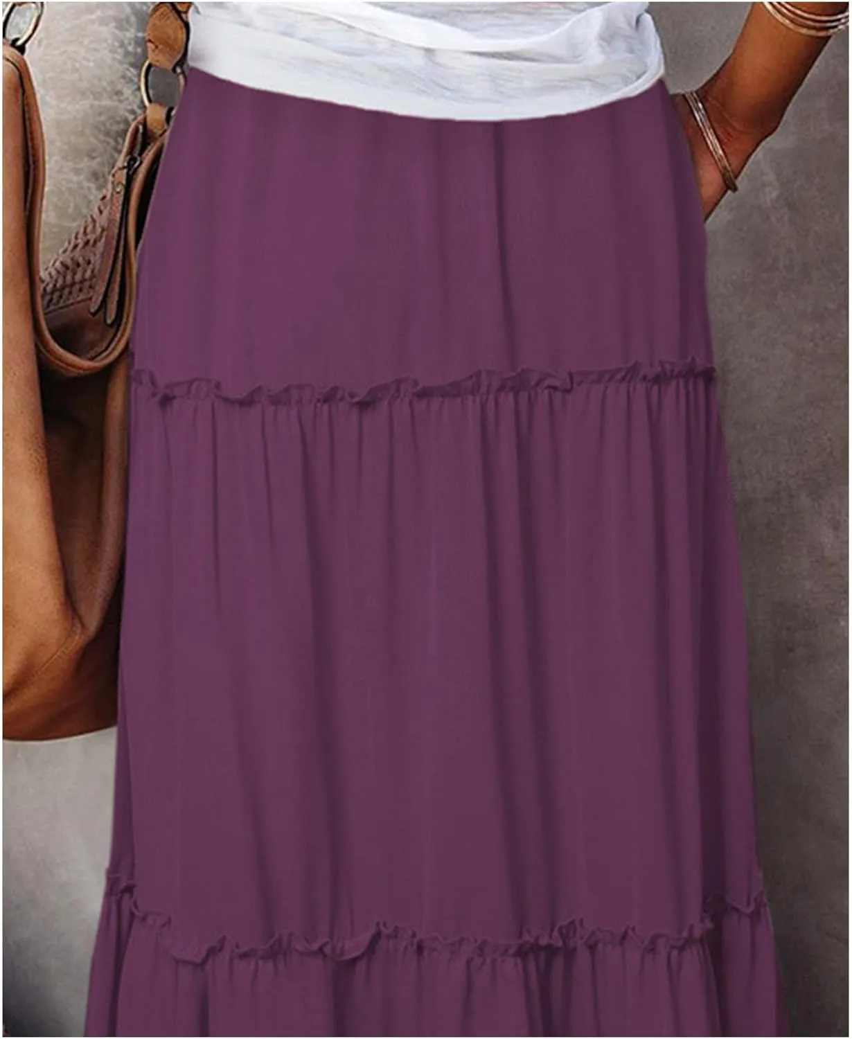 Womens Bohemian Long Maxi Skirt Elastic High Waist Flowy Swing A Line Ruffle Tiered Maxi Skirt Long Beach Skirts