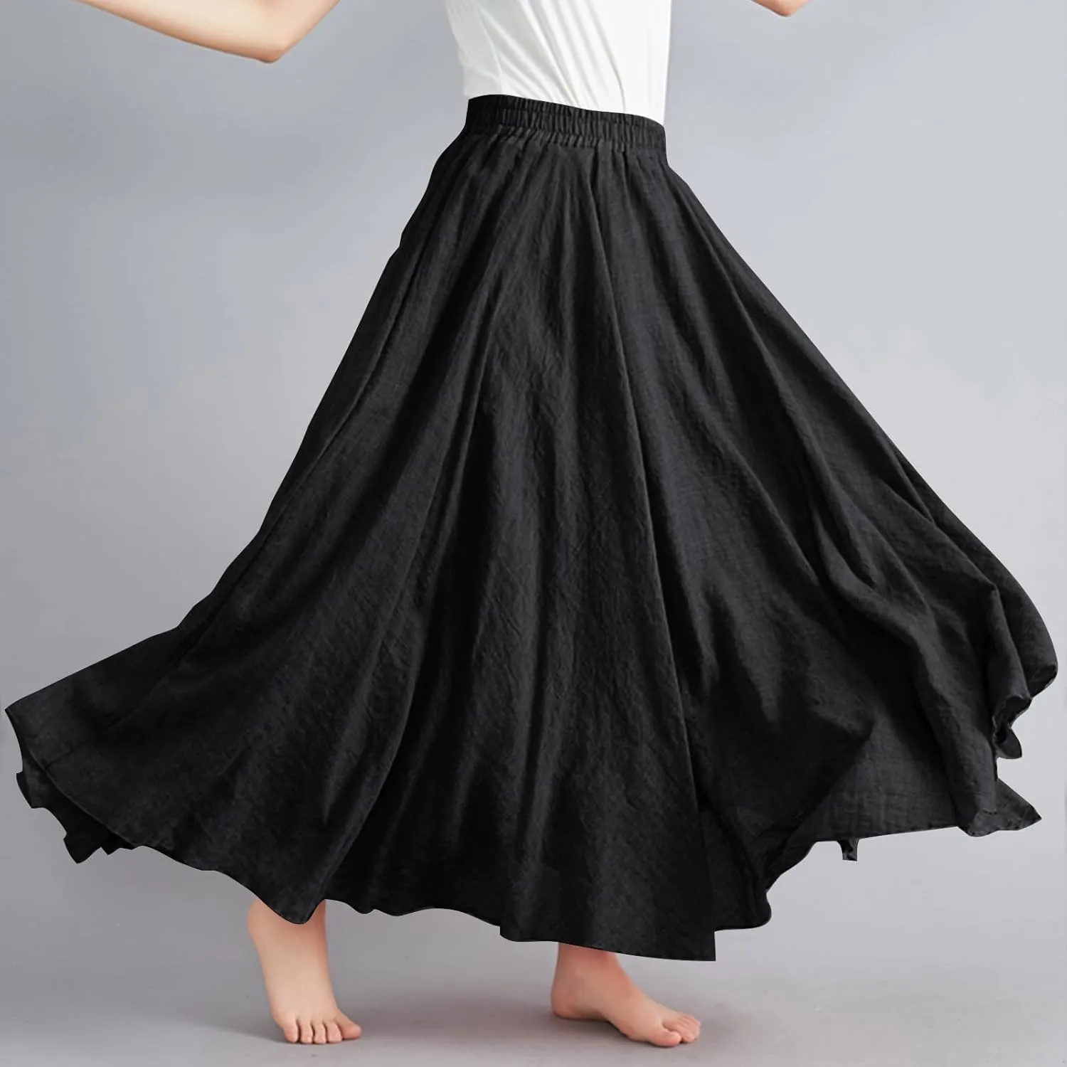 Women's Bohemian Style Linen Skirt Elastic High Waist Loose Casual Long Maxi Skirt Dress Summer Beach Boho Skirts