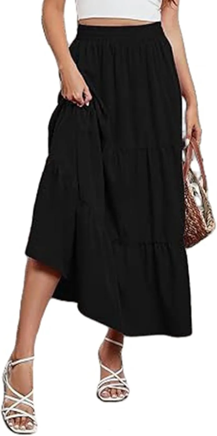Womens Boho Bohemian Flowy Midi Long Short Summer Skirts High Waist A Line Ruffle Swing Maxi Skirts Long Beach Dress