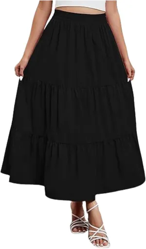 Womens Boho Bohemian Flowy Midi Long Short Summer Skirts High Waist A Line Ruffle Swing Maxi Skirts Long Beach Dress