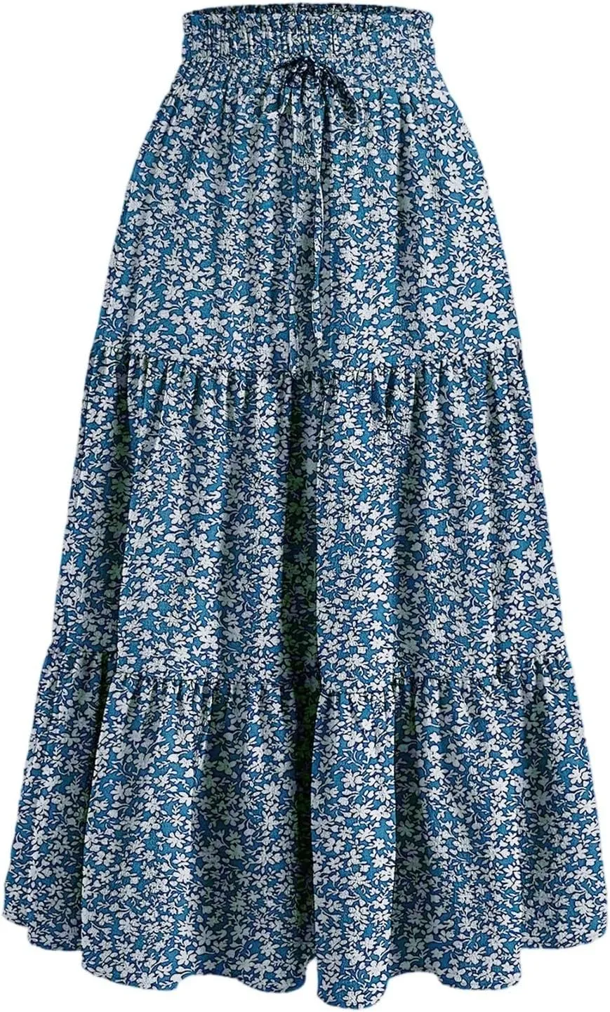Womens Boho Skirt Cute Vacation Pleated Beach Smocked Business Trendy Peasant Elastic Waist Summer Skirts for Women