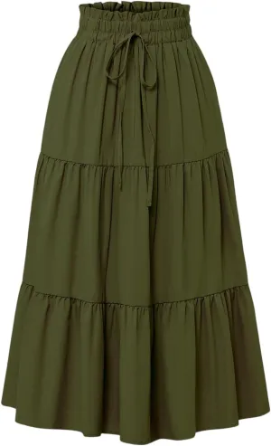 Womens Boho Skirt Cute Vacation Pleated Beach Smocked Business Trendy Peasant Elastic Waist Summer Skirts for Women