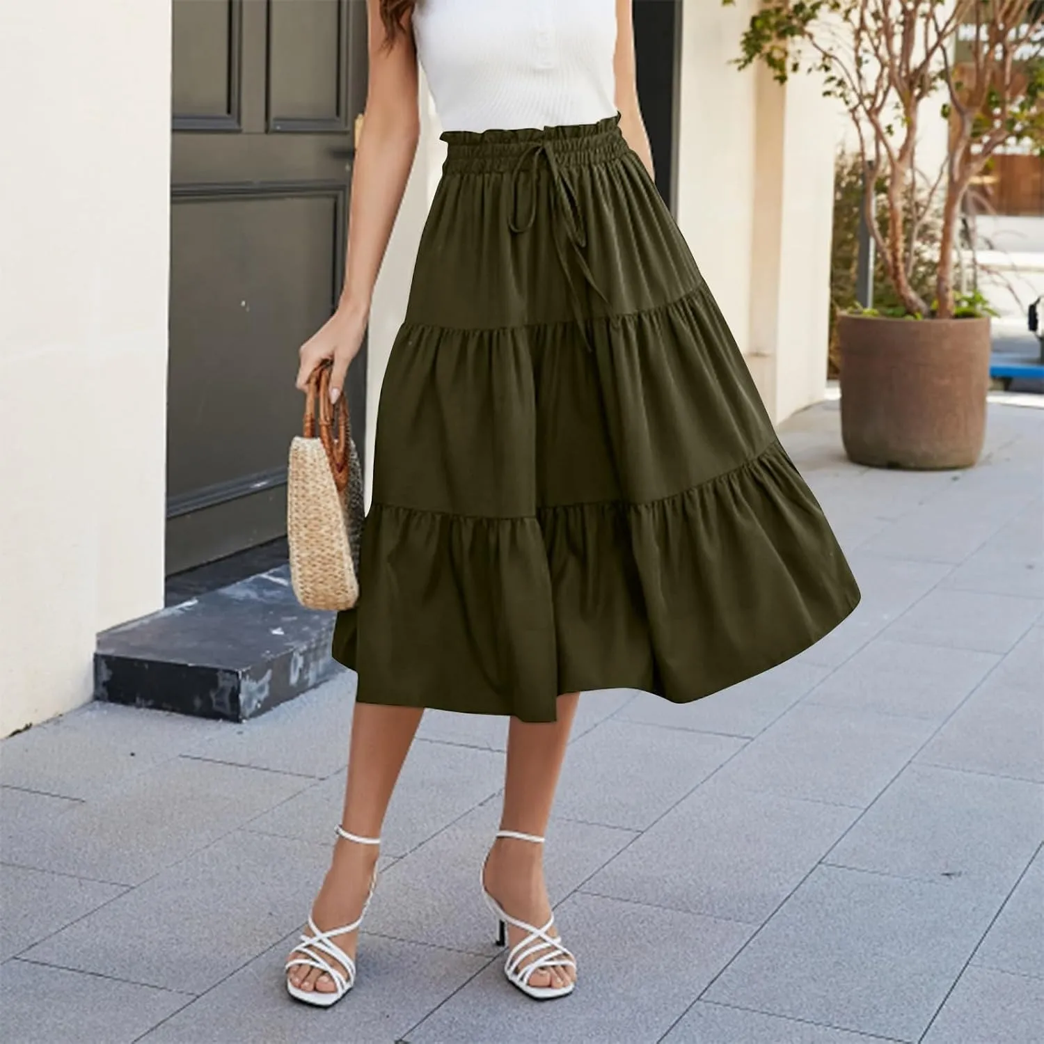 Womens Boho Skirt Cute Vacation Pleated Beach Smocked Business Trendy Peasant Elastic Waist Summer Skirts for Women